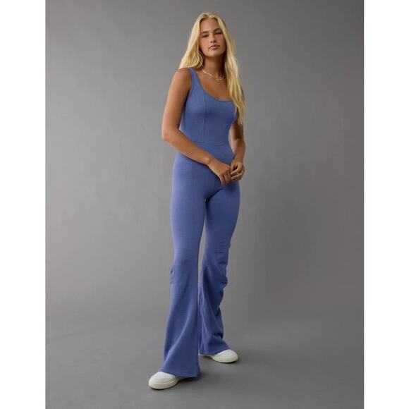 American Eagle Outfitters Pants - American Eagle Flare Leg Scoop Neck Jumpsuit Blue Large Stretchy Sleeveless Tank